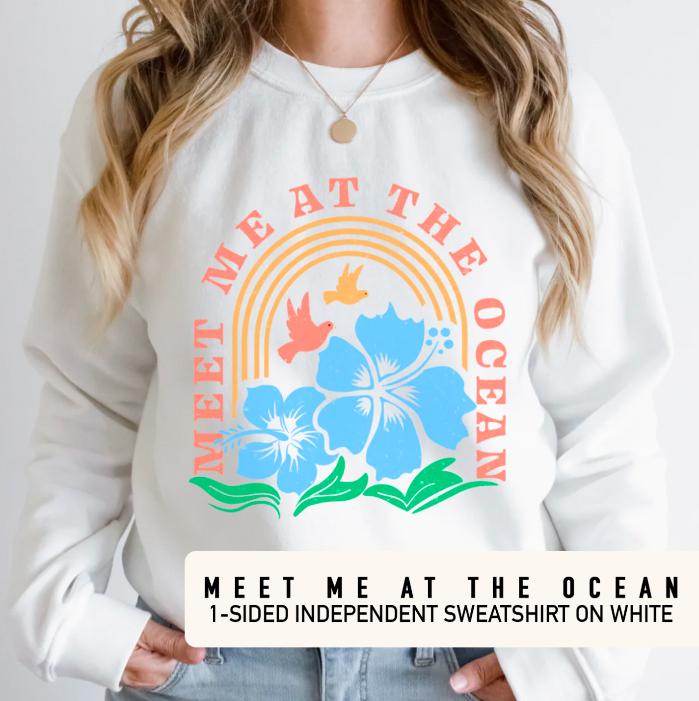 Meet Me At The Ocean - White Adult Crewneck