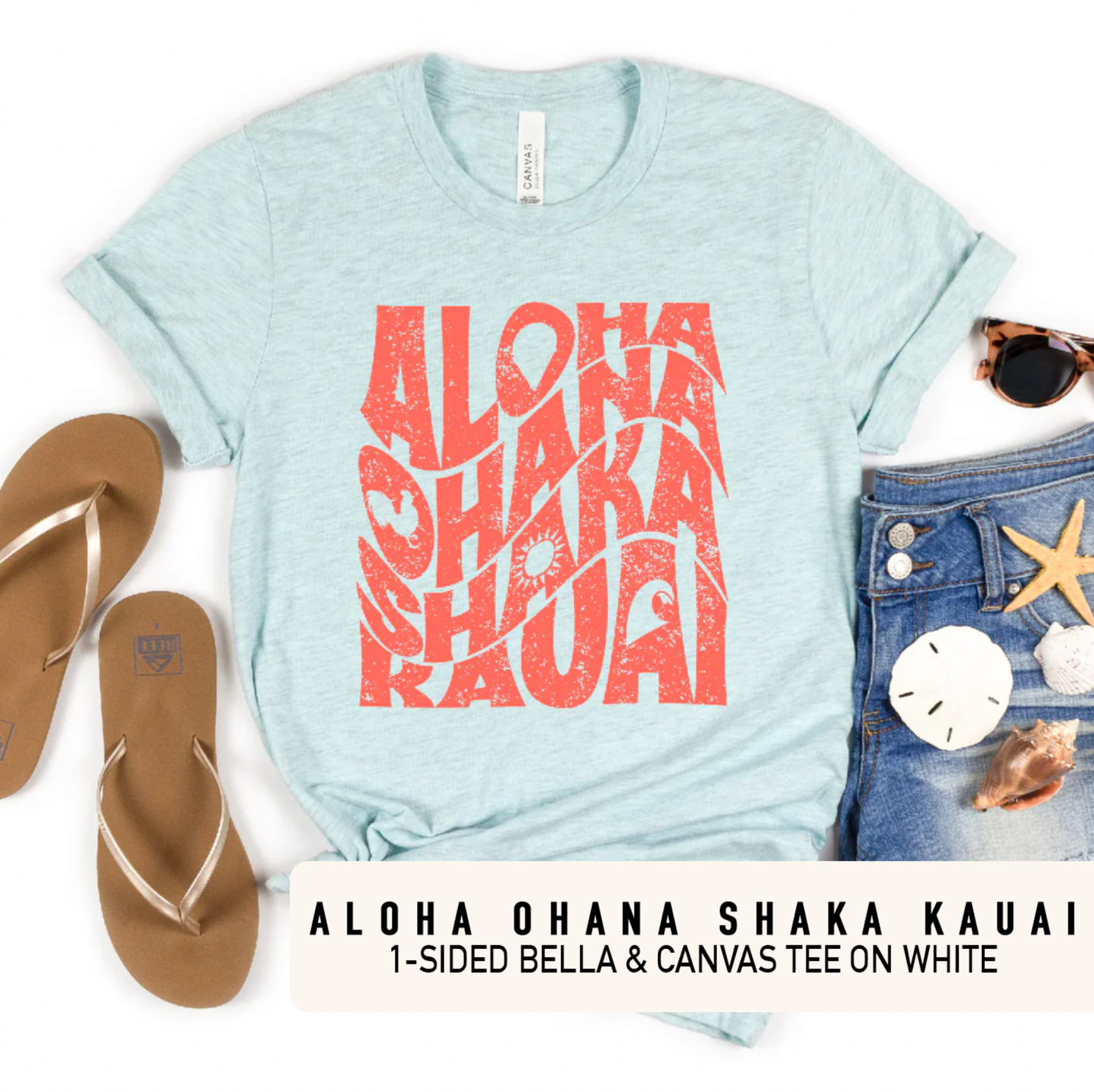 Aloha, Ohana, Shaka, Hawaii  - Tshirt on Heather Prism Ice Blue