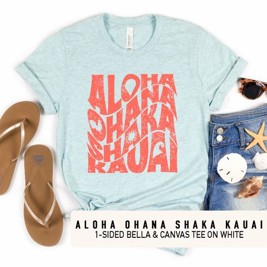 Aloha, Ohana, Shaka, Hawaii - Tshirt on Heather Prism Ice Blue