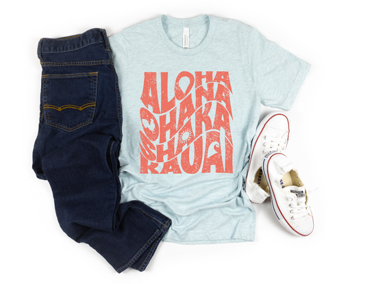 Aloha, Ohana, Shaka, Hawaii - Tshirt on Heather Prism Ice Blue